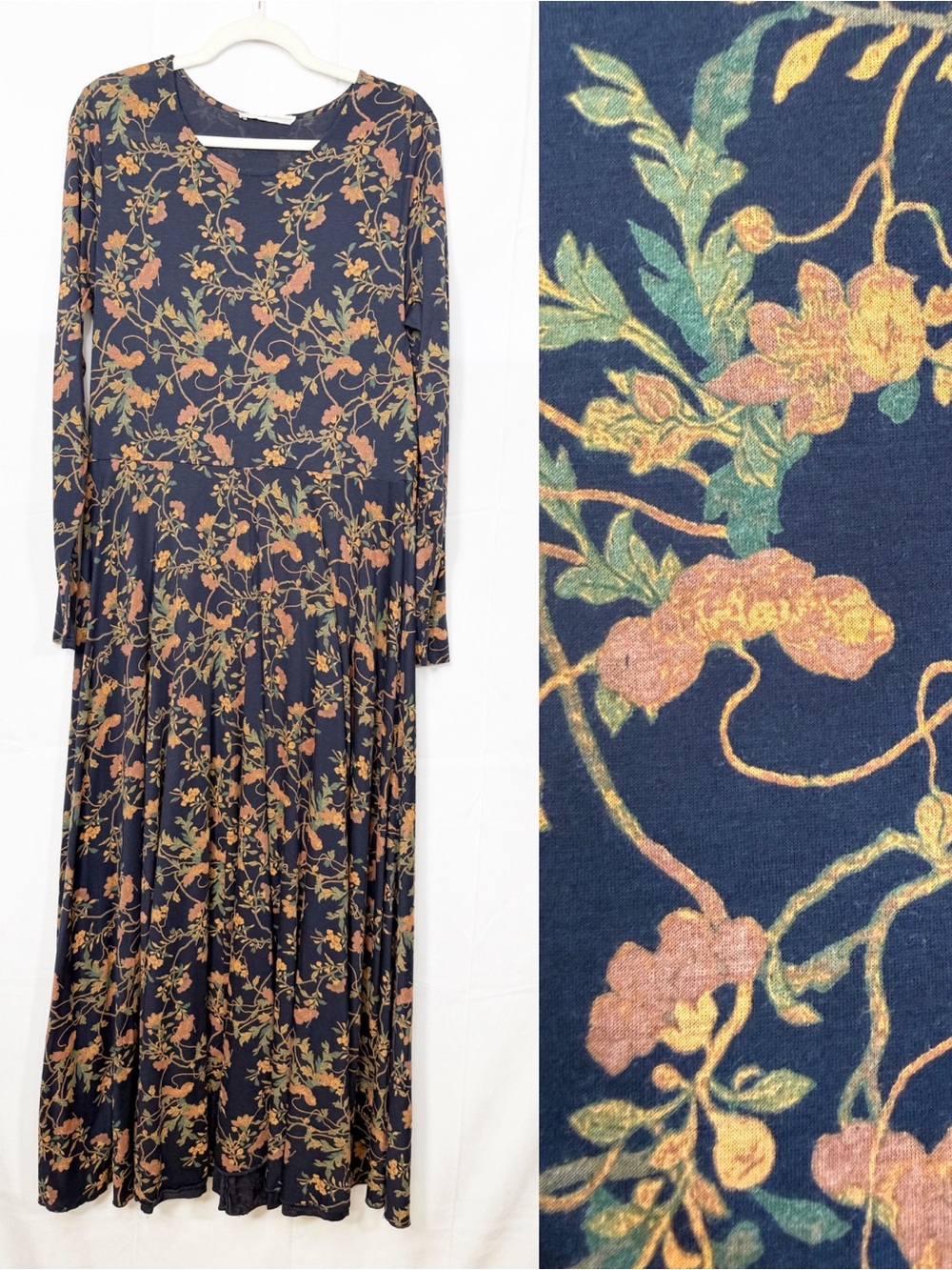 Peruvian Connection Pima Cotton Modal Long Sleeve Floral Maxi Dress Navy Blue